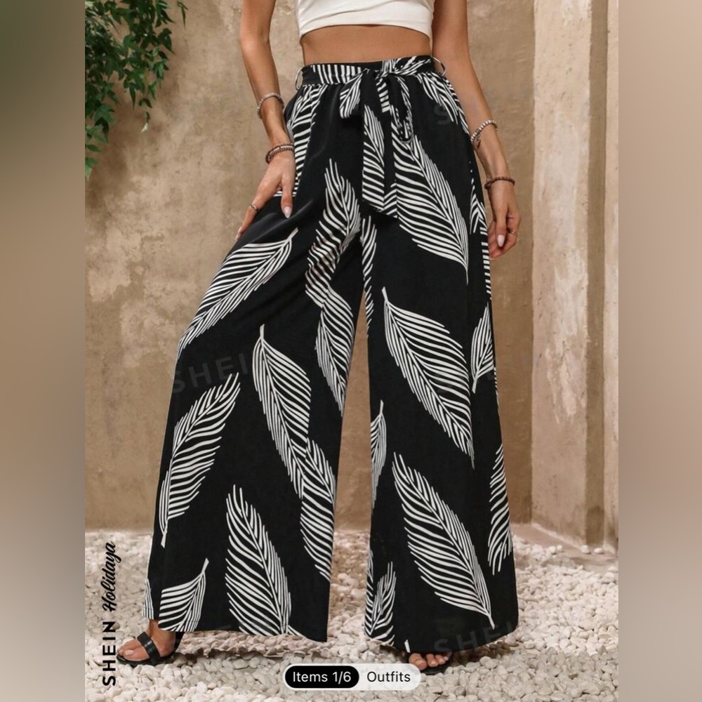 SHEIN Black/White Leaf Printed Wide Leg Plants Size 6